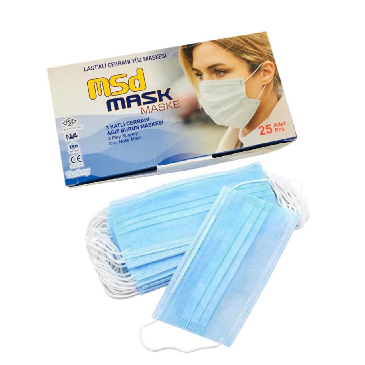 Msd Mavi Maske Lastikli Telli Cerrahi Yüz Maskesi 25 li Mavi