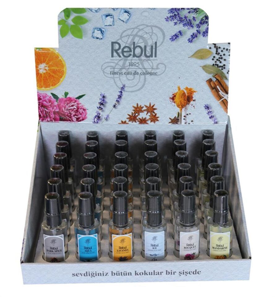 Rebul 50 ml Sprey Kolonya Standlı 36 Adet ( 6 Çeşit x 6 şar Adet )
