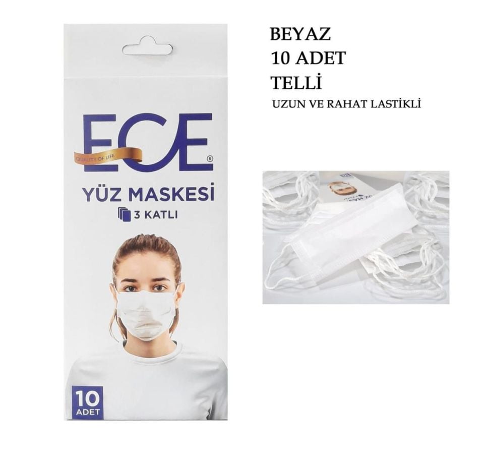 Ece Lastikli Telli Cerrahi Yüz Maskesi 10 lu Beyaz