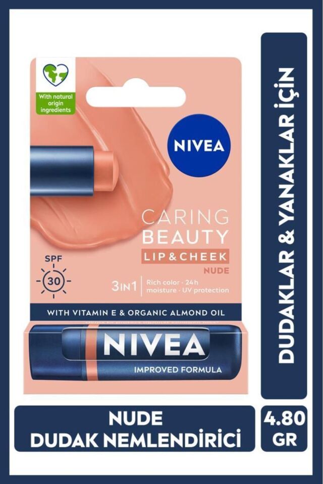 Nivea Lip Balm Bakımlı ve Renkli Dudak Balmı Nude 4,8Gr Spf30,Doğal Yağlar,E Vitamini,Dudak Ve Yanaklar Için