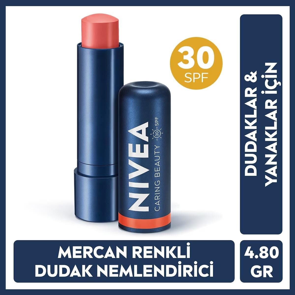 Nivea Lip Balm Bakımlı ve Renkli Dudak Balmı Mercan 4,8Gr Spf30,Doğal Yağlar,E Vitamini,Dudak Ve Yanaklar Için Coral