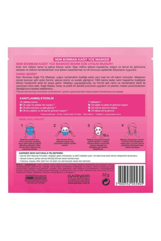 Garnier Nem Bombası Kağıt Maske Sakura Işıltı Verici Yüz Maskesi